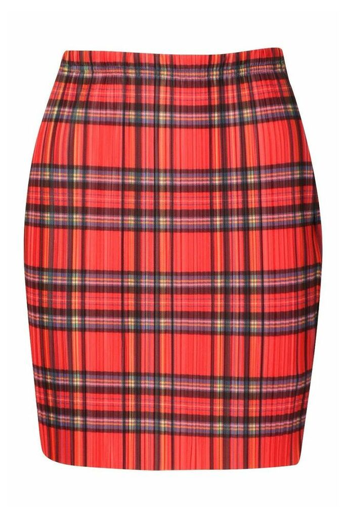 Womens Tartan Check Plisse Mini Skirt - Red - 12, Red