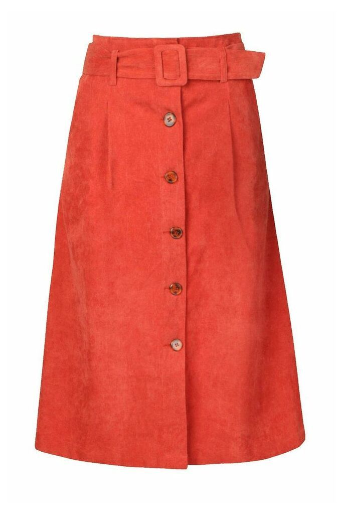 Womens Self Fabric Belt Cord Midi Skirt - Orange - 14, Orange