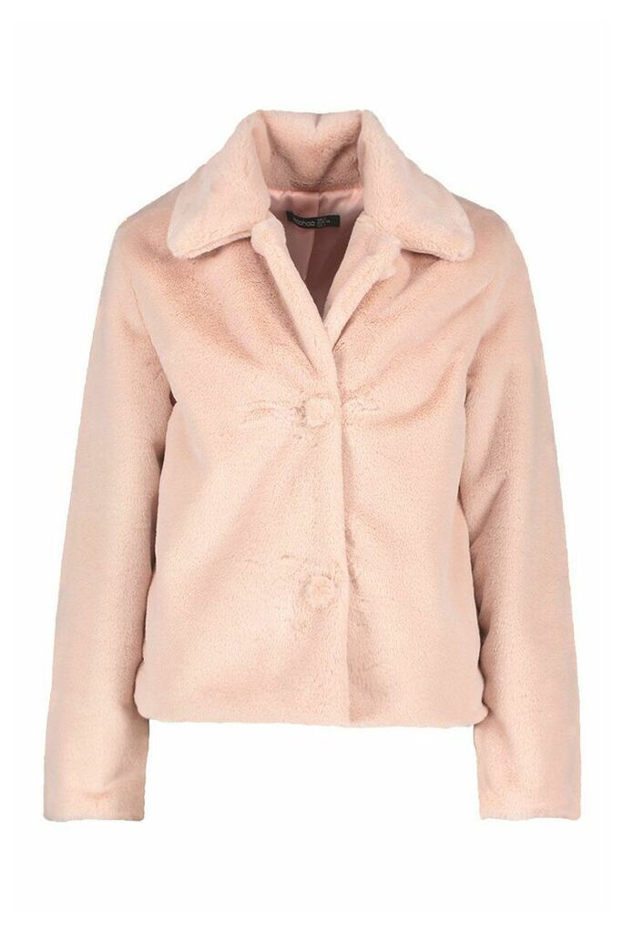 Womens Faux Fur Button Coat - Pink - 14, Pink