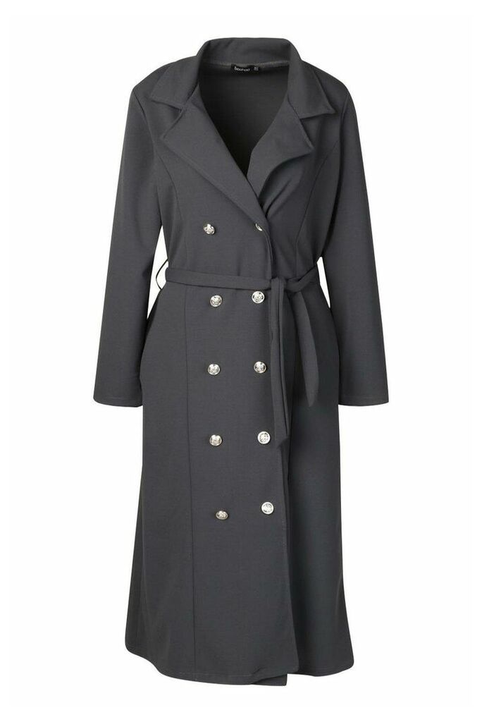 Womens Double Breasted Duster Coat With Tie Waist - grey - One Size, Grey