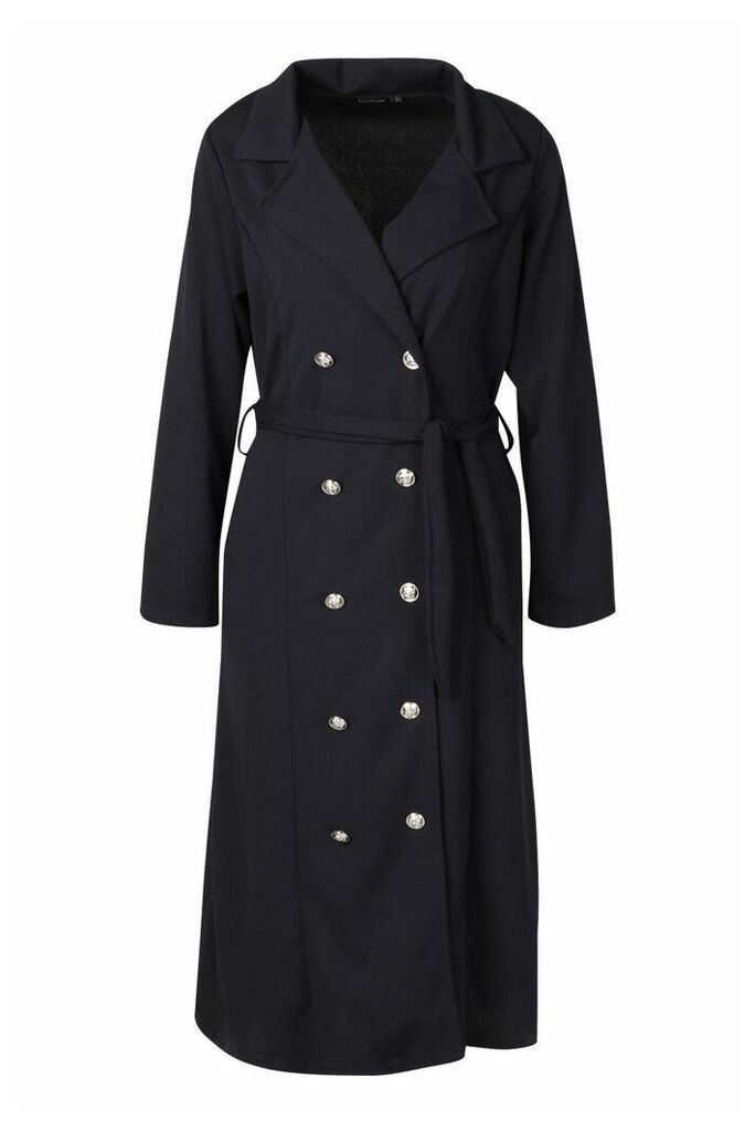 Womens Double Breasted Duster Coat With Tie Waist - navy - One Size, Navy