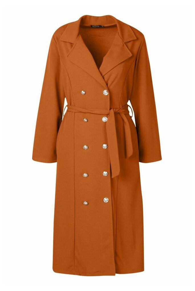 Womens Double Breasted Duster Coat With Tie Waist - brown - One Size, Brown