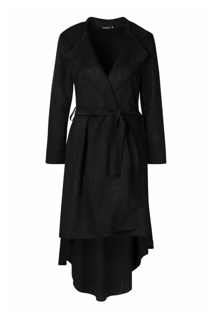 Womens Faux Suede Duster Coat With Tie Waist - Black - One Size, Black