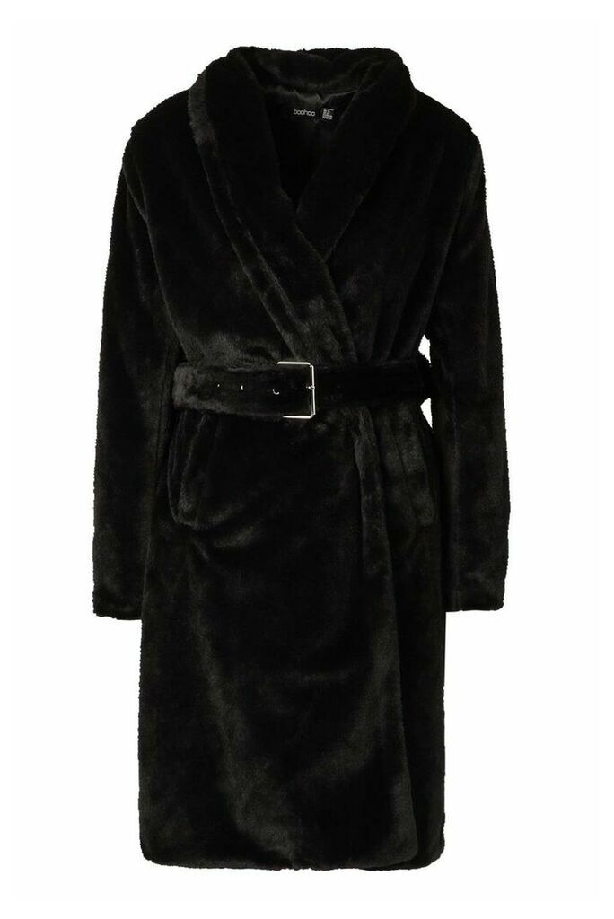 Womens Faux Fur Buckle Belt Longline Coat - Black - 10, Black