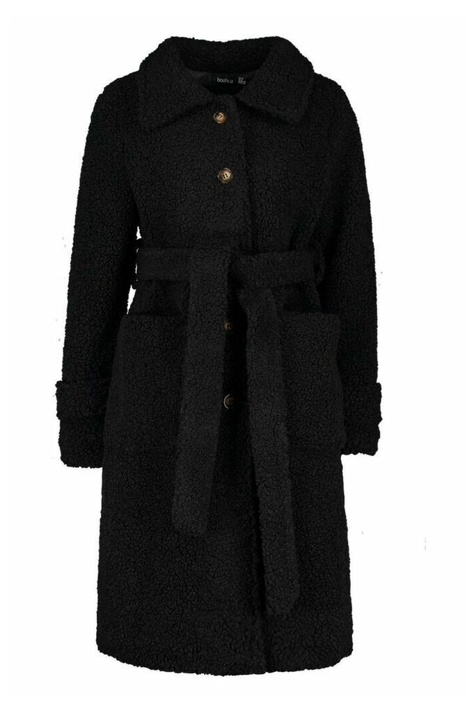 Womens Longline Teddy Belted Coat - Black - 12, Black