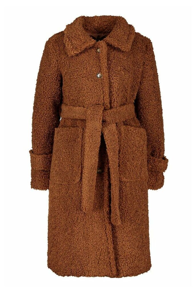Womens Longline Teddy Belted Coat - Beige - 16, Beige