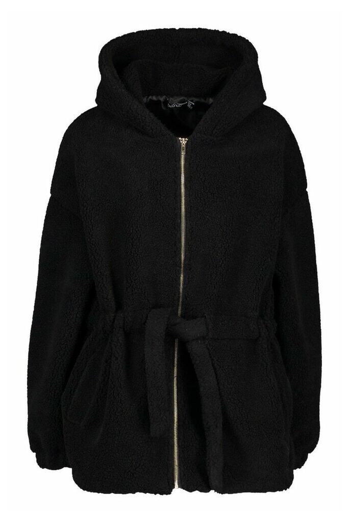 Womens Oversized Hooded Belted Faux Fur Teddy Coat - Black - 12, Black