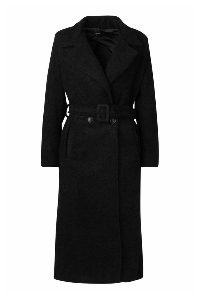 Womens Petite Premium Textured Wool Look Belted Coat - Black - M, Black