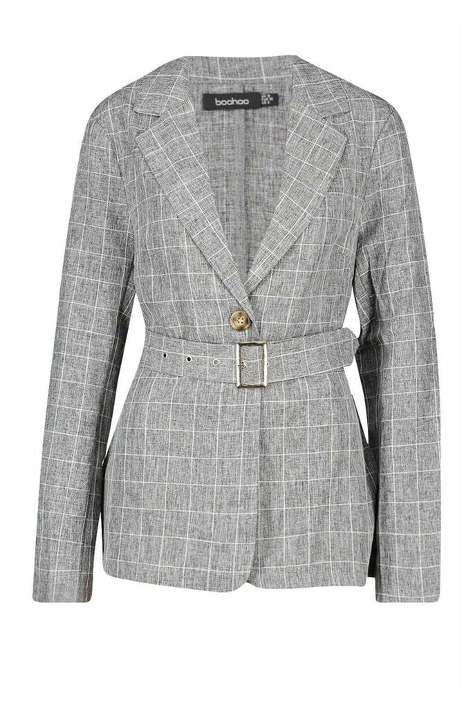 Womens Grid Check Belted Blazer - Grey - 10, Grey