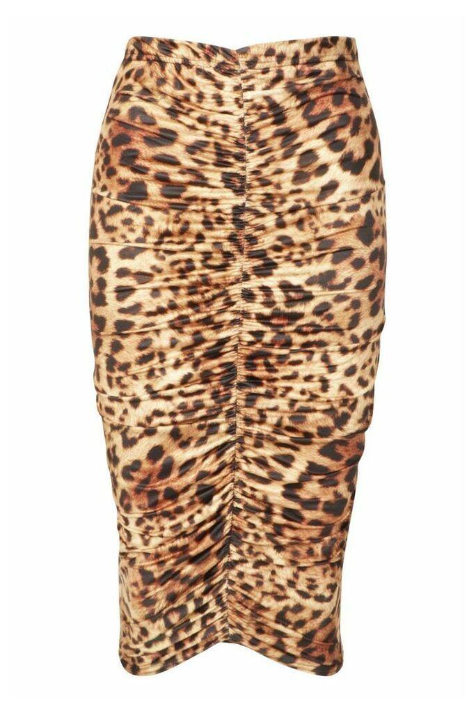 Womens Ruched Front Leopard Print Midi Skirt - Multi - 14, Multi