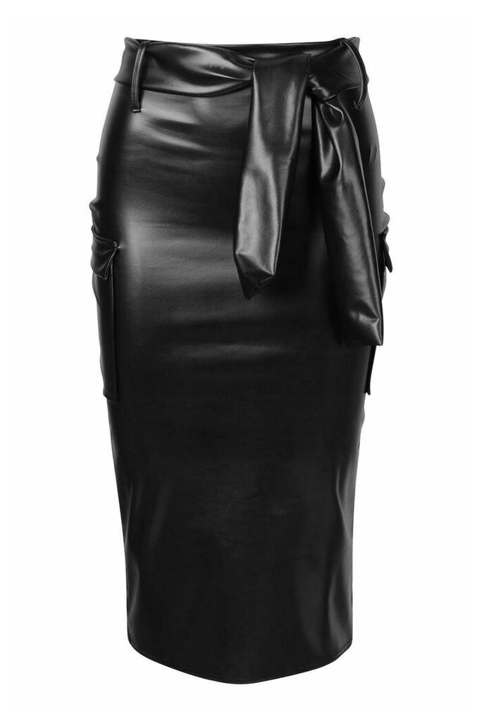 Womens Pu Cargo Midi Skirt With Tie Belt - Black - 10, Black