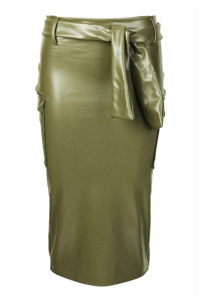Womens Pu Cargo Midi Skirt With Tie Belt - Green - 8, Green