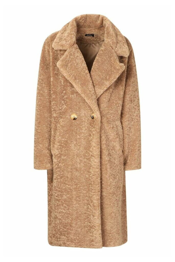 Womens Oversized Textured Faux Fur Coat - Beige - 14, Beige