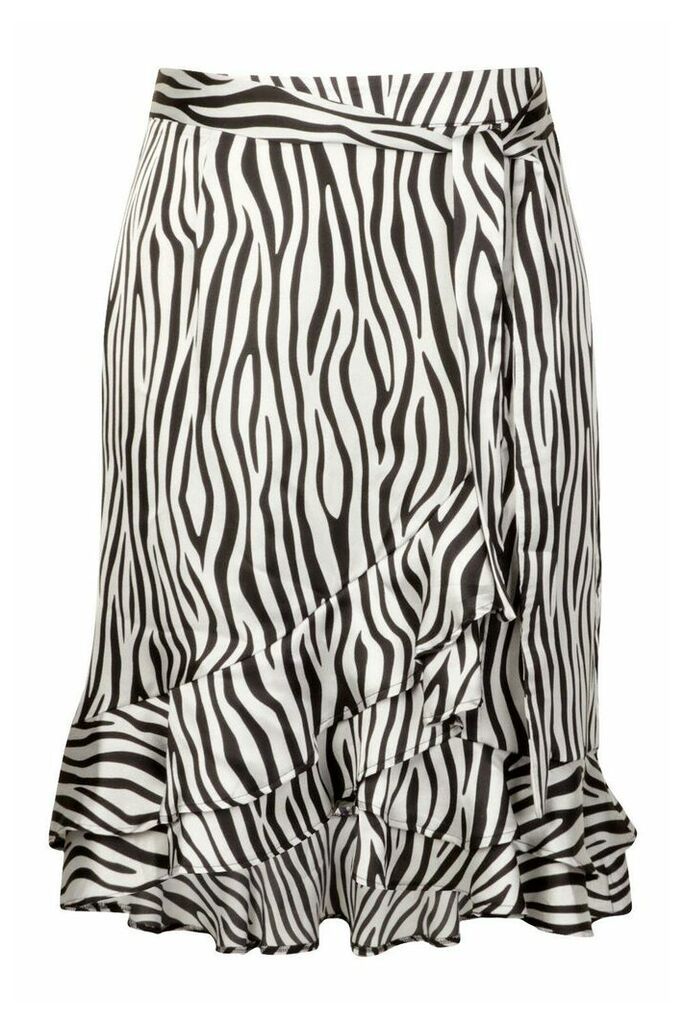 Womens Plus Zebra Print Ruffle Self Belt Midi Skirt - Grey - 22, Grey