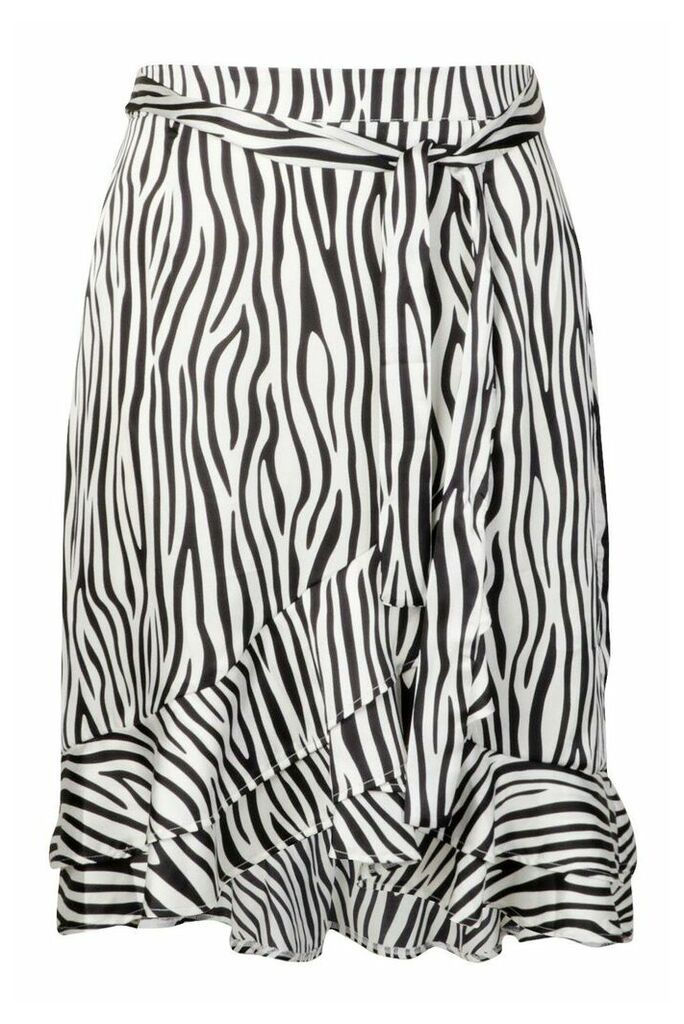 Womens Plus Zebra Print Ruffle Self Belt Midi Skirt - White - 20, White