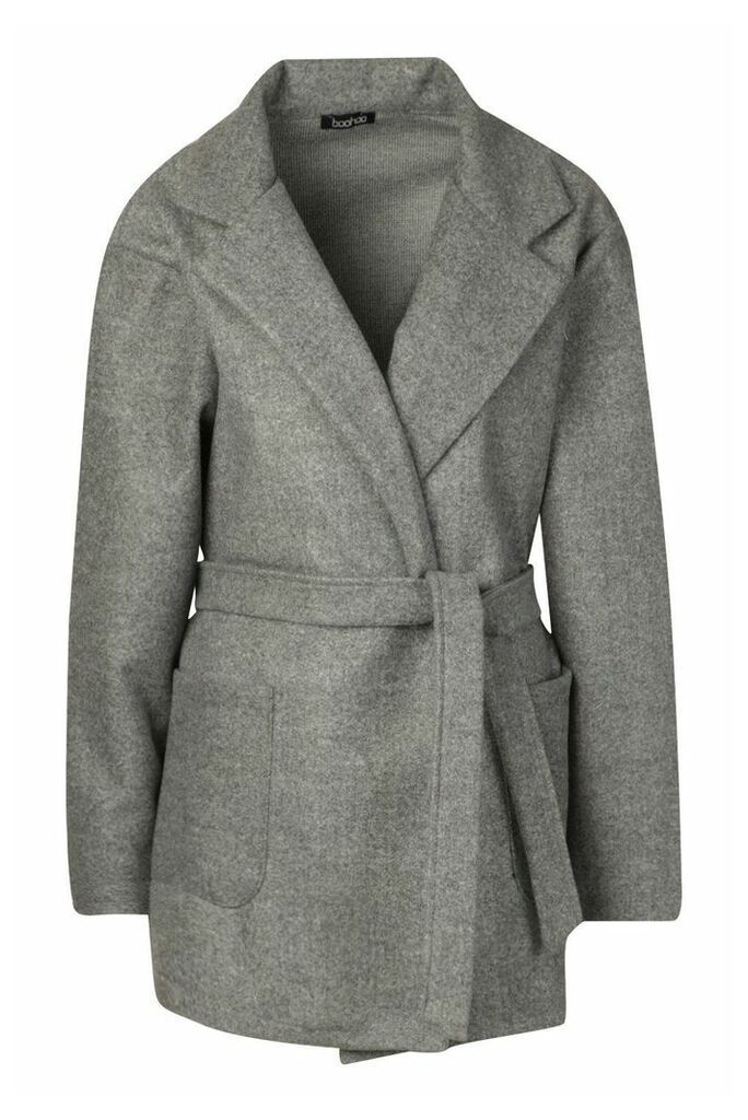 Womens Marled Wool Look Belted Coat - Grey - 12, Grey