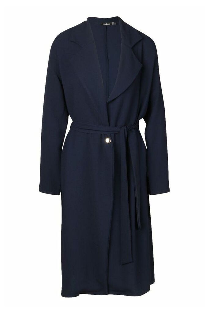 Womens Button Tailored Longline Duster Coat - navy - 14, Navy