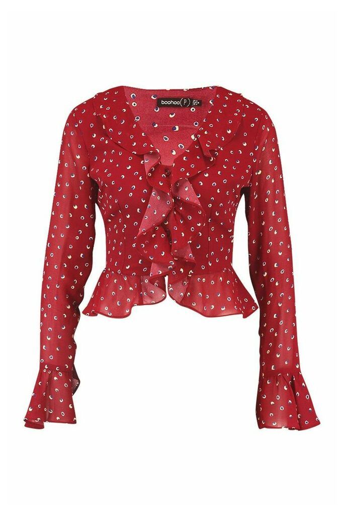 Womens Petite Ditsy Spot Ruffle Blouse - Red - 4, Red