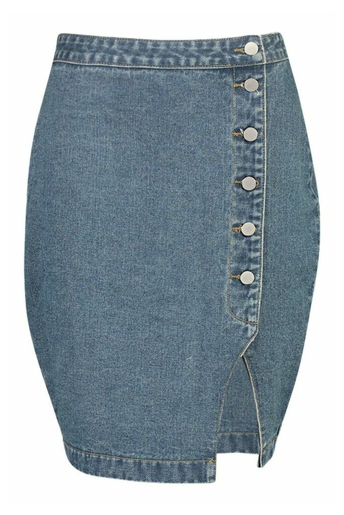 Womens Button Detail Split Denim Midi Skirt - Blue - 10, Blue