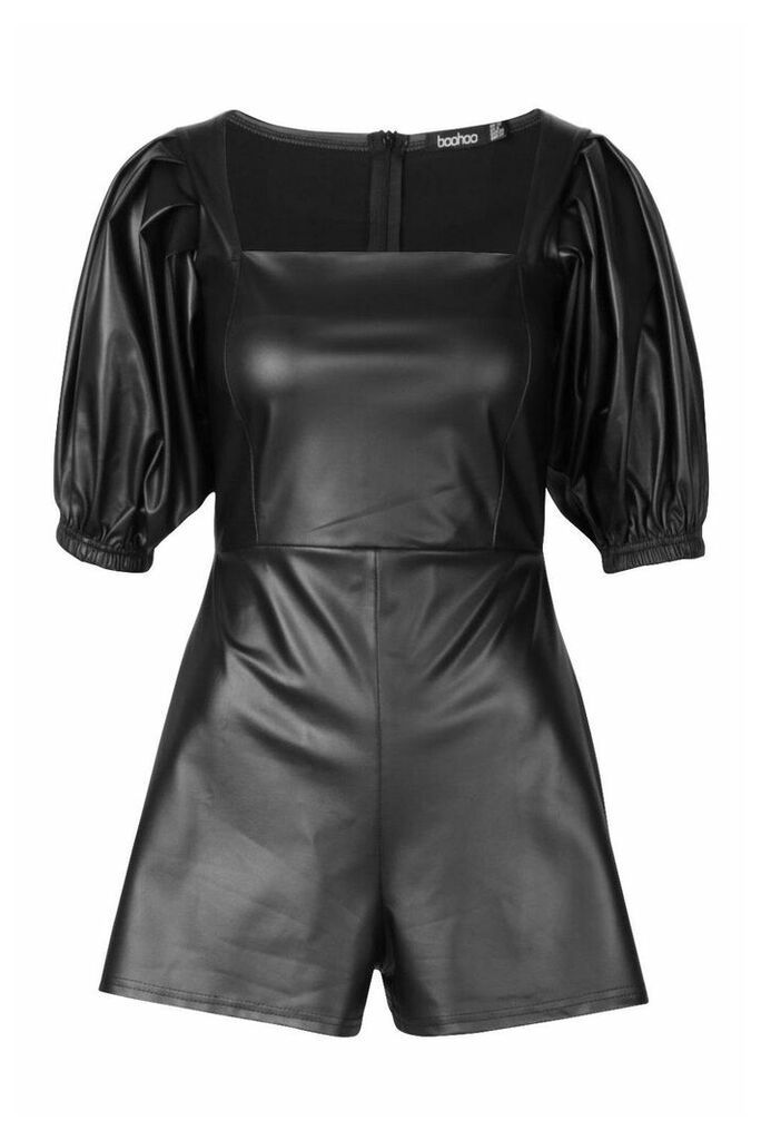 Womens Leather Look Puff Sleeve Playsuit - Black - 14, Black