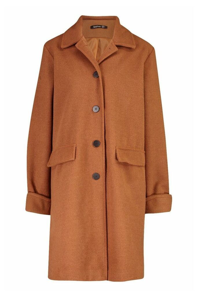 Womens Button Through Wool Look Coat - Brown - 14, Brown