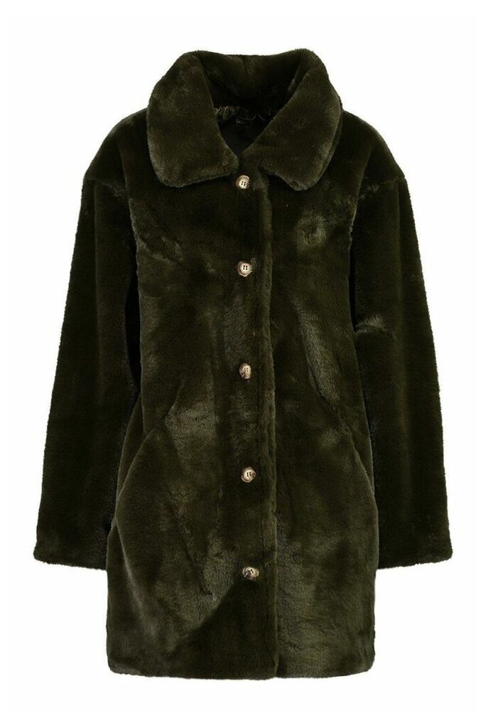Womens Oversized Collared Faux Fur Coat - Green - 14, Green