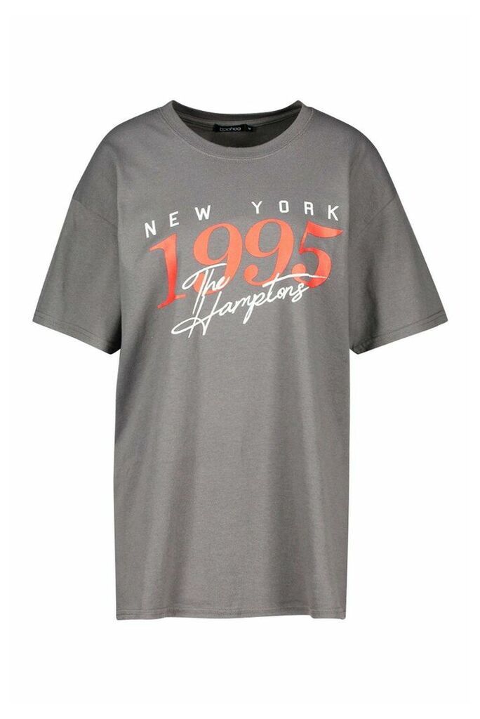 Womens The Hamptons Graphic Slogan Oversized T-Shirt - Grey - S, Grey