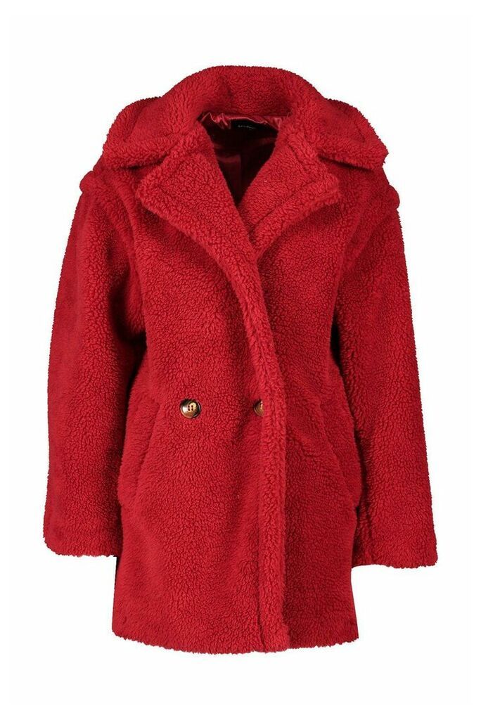 Womens Oversized Teddy Faux Fur Coat - red - L, Red