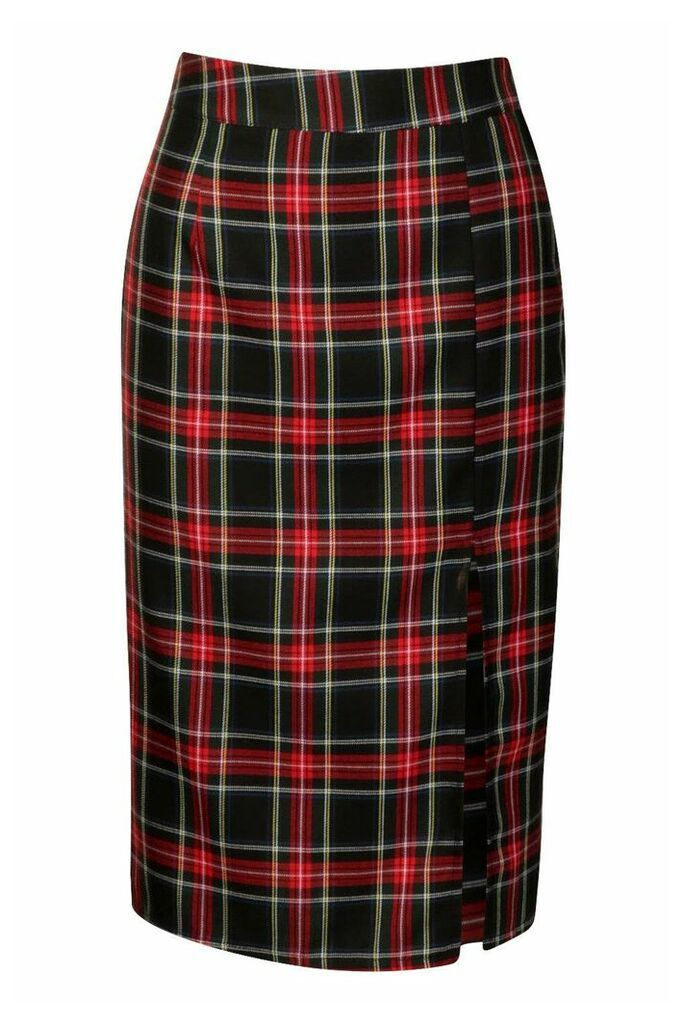 Womens Woven Tartan Split Midi Skirt - Red - 14, Red