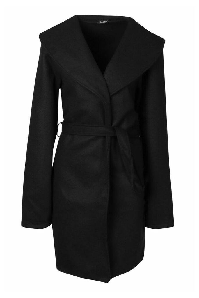 Womens Wide Collar Belted Wool Look Coat - Black - 14, Black
