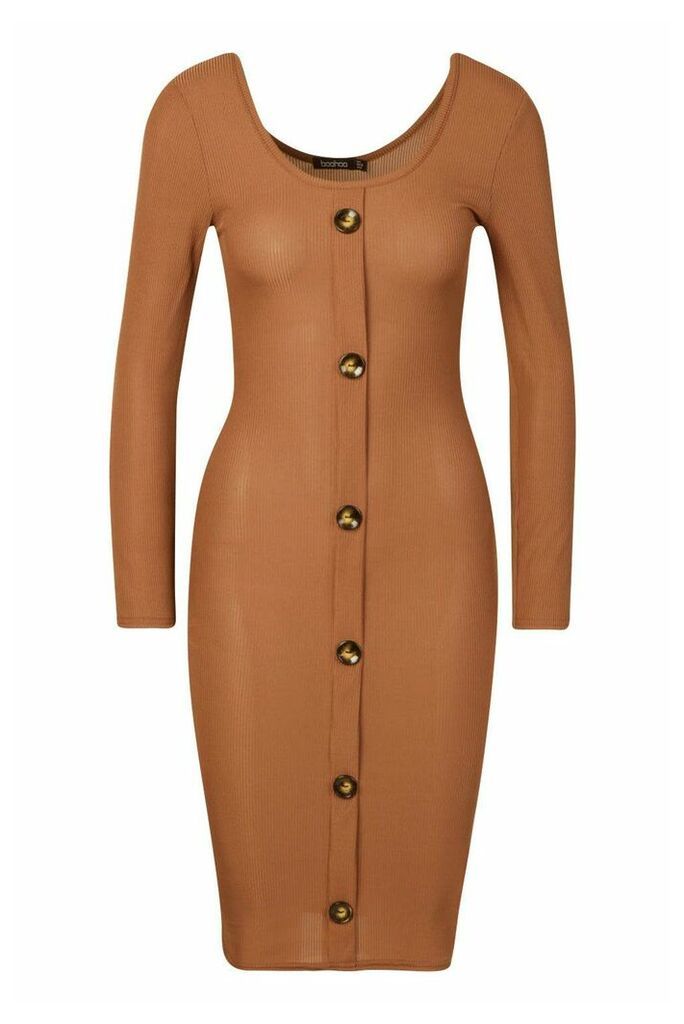 Womens Petite Button Long Sleeve Rib Midi Dress - brown - 4, Brown