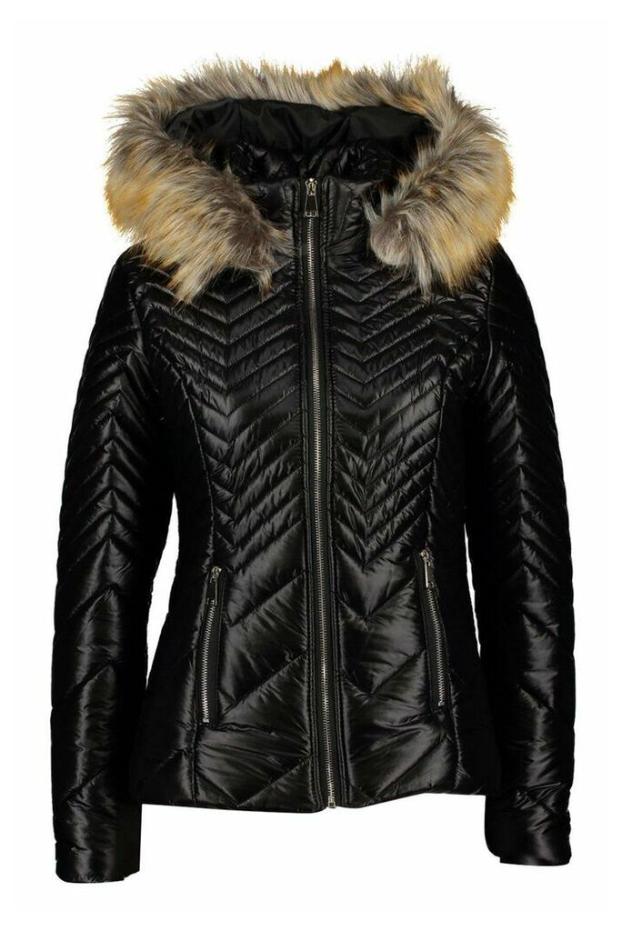 Womens Chevron Faux Fur Trim Coat - black - XL, Black