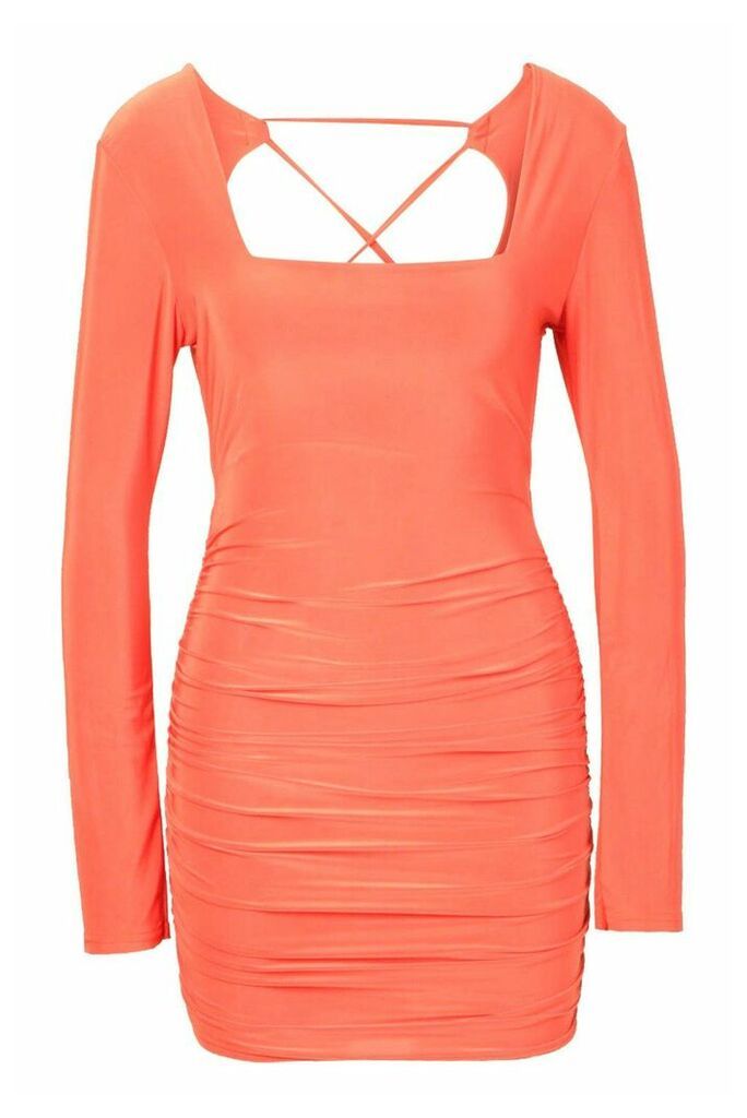 Womens Petite Ruched Square Neck Mini Dress - Orange - 14, Orange