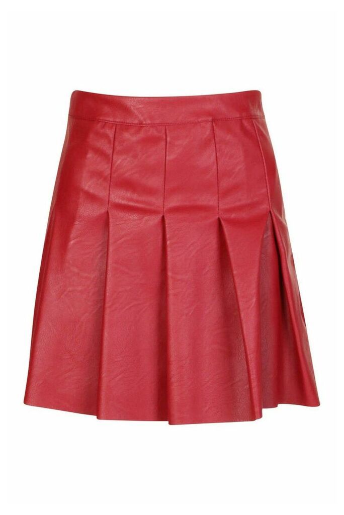 Womens Pleated Leather Look Mini Skirt - red - 16, Red