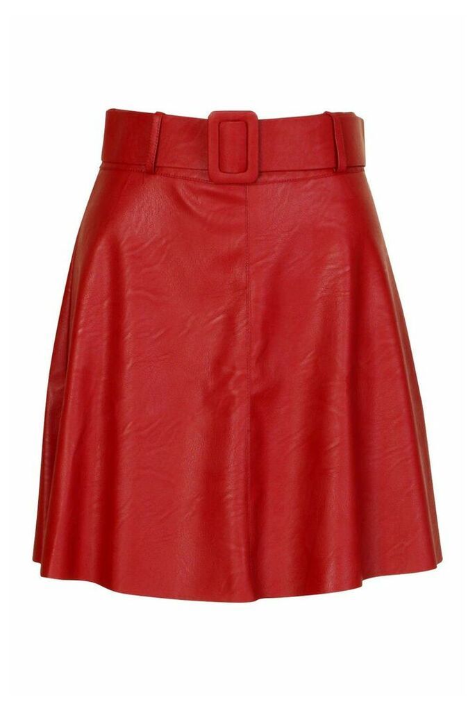 Womens Leather Look Self Belt Skater Skirt - red - 16, Red