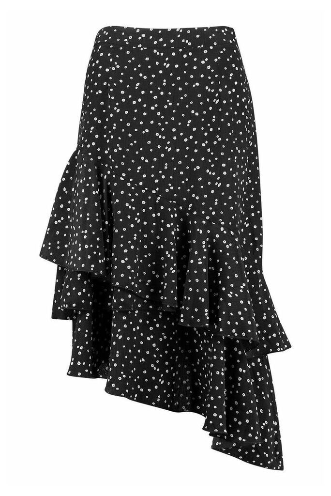 Womens Ditsy Floral Ruffle Hem Midi Skirt - Black - 14, Black