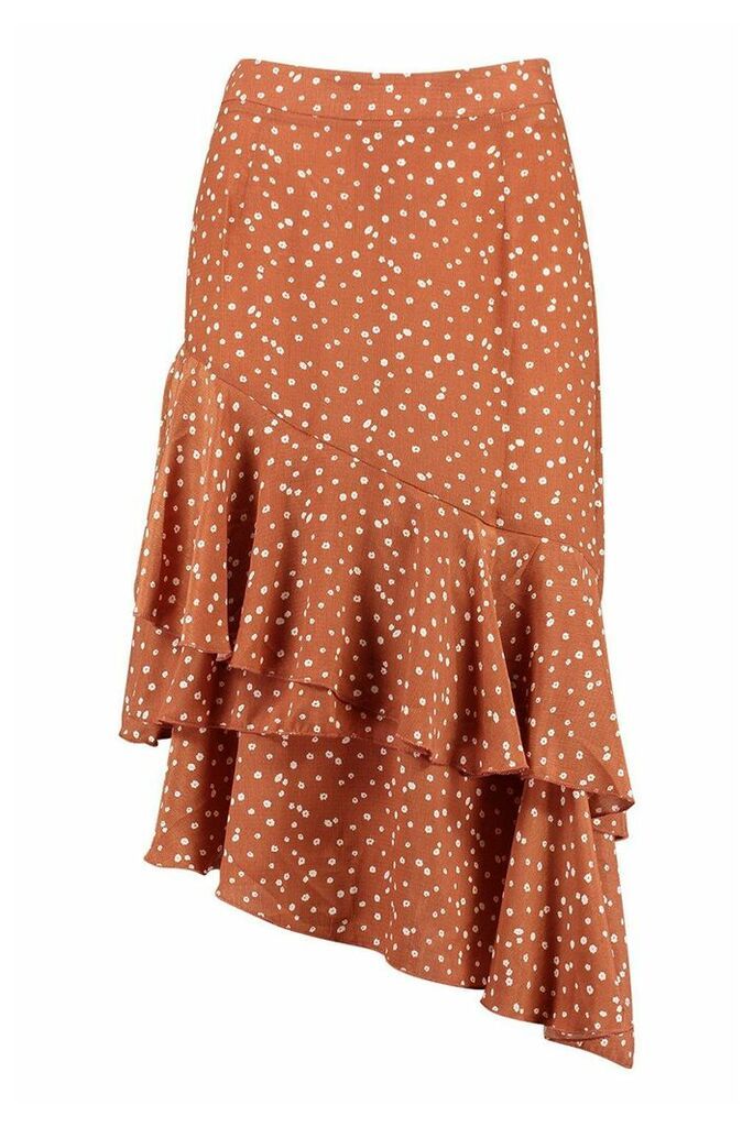 Womens Ditsy Floral Ruffle Hem Midi Skirt - Orange - 16, Orange