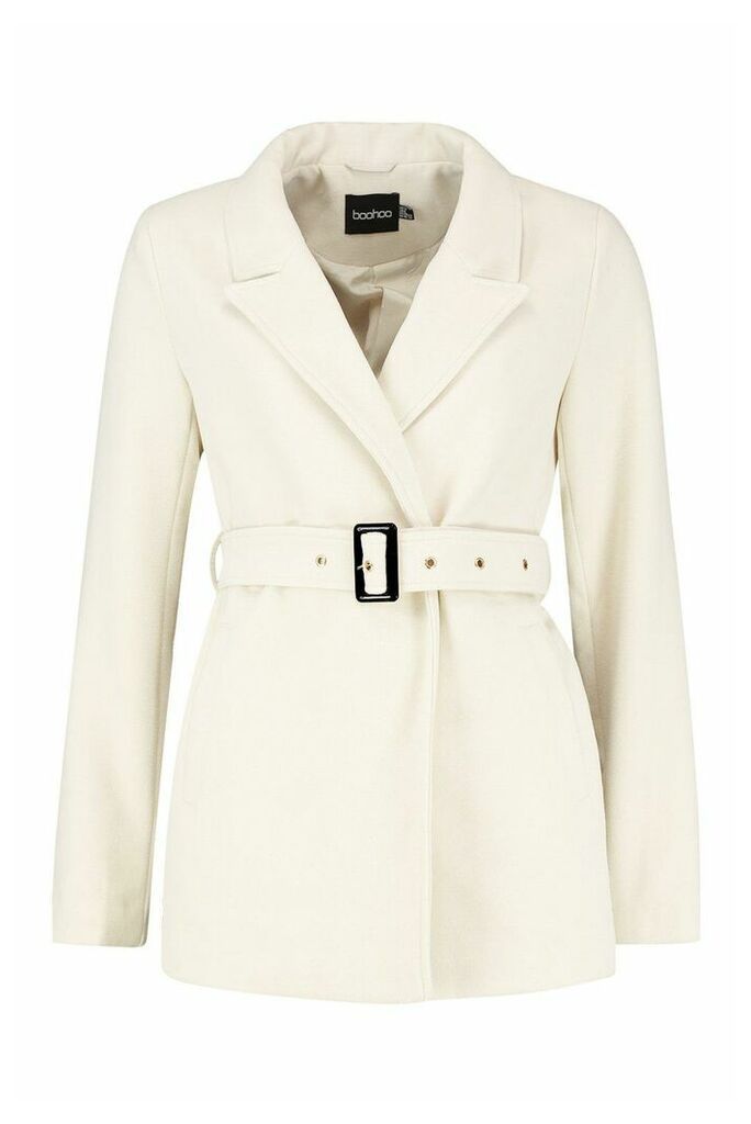 Womens Belted Wool Look Blazer Coat - white - 16, White