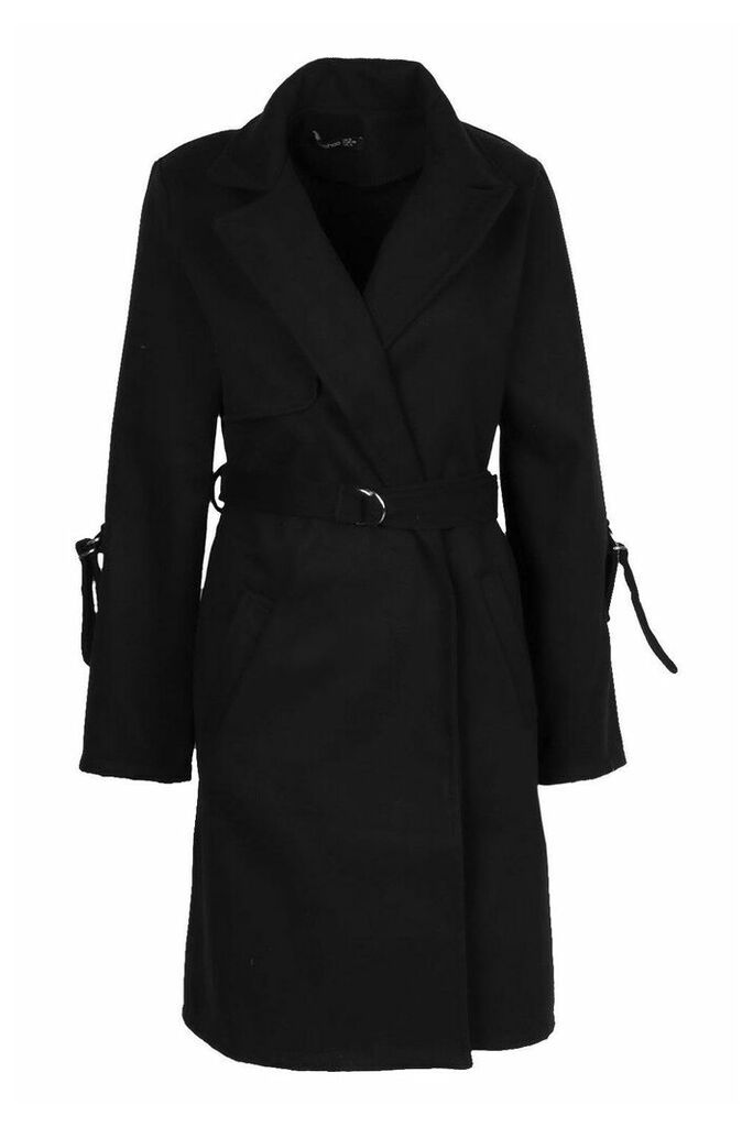 Womens D-Ring Detail Tailored Wool Look Coat - Black - 14, Black