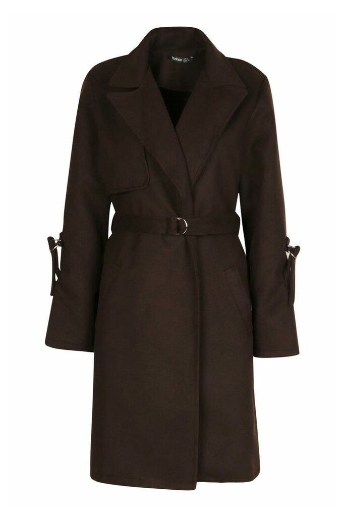 Womens D-Ring Detail Tailored Wool Look Coat - Brown - 14, Brown