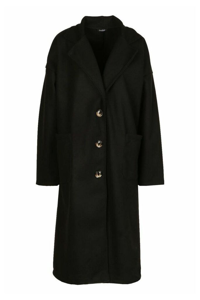 Womens Oversized Button Through Wool Look Coat - Black - 8, Black