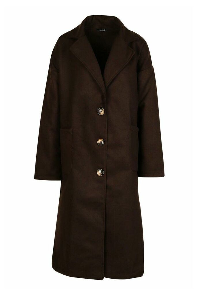 Womens Oversized Button Through Wool Look Coat - Brown - 8, Brown
