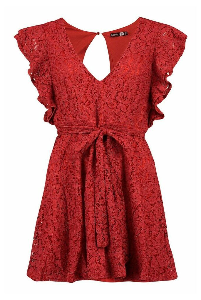 Womens Lace Ruffle Sleeve Skater Dress - red - 10, Red