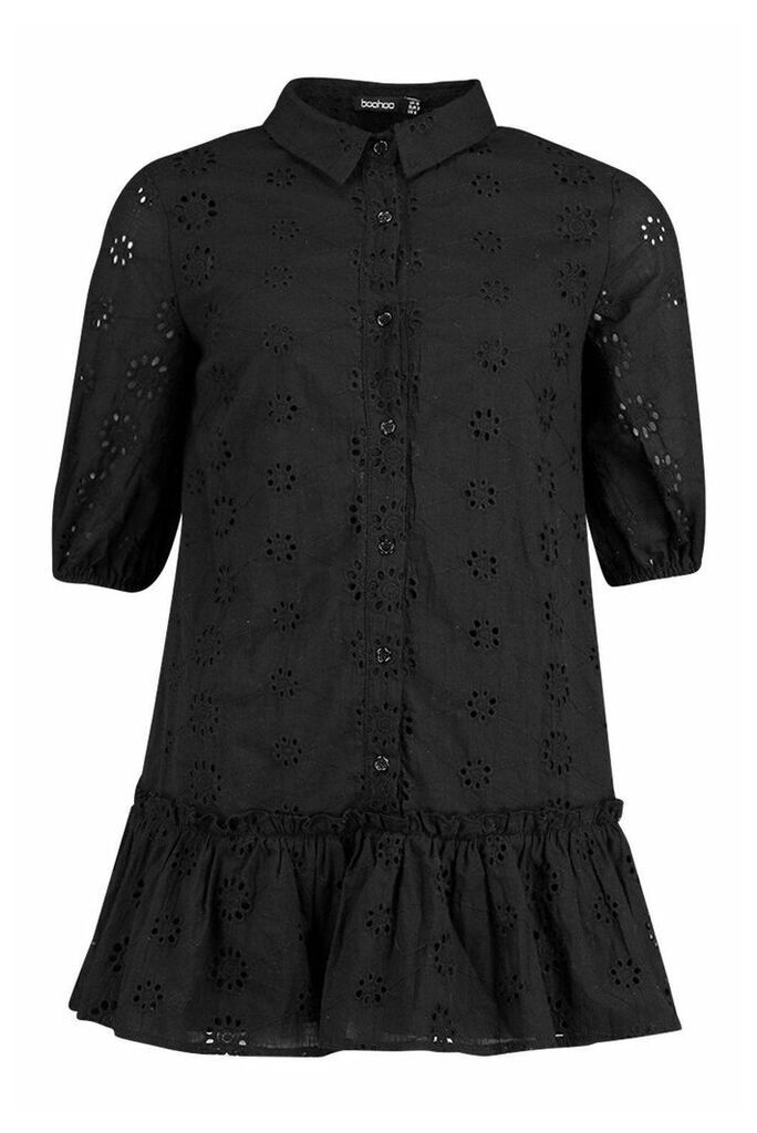 Womens Petite Broderie Shirt Dress - Black - 4, Black