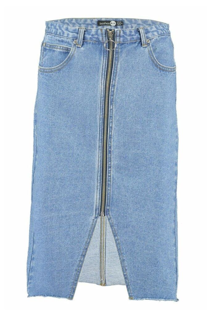 Womens Zip Front Denim Midi Skirt - Blue - 12, Blue