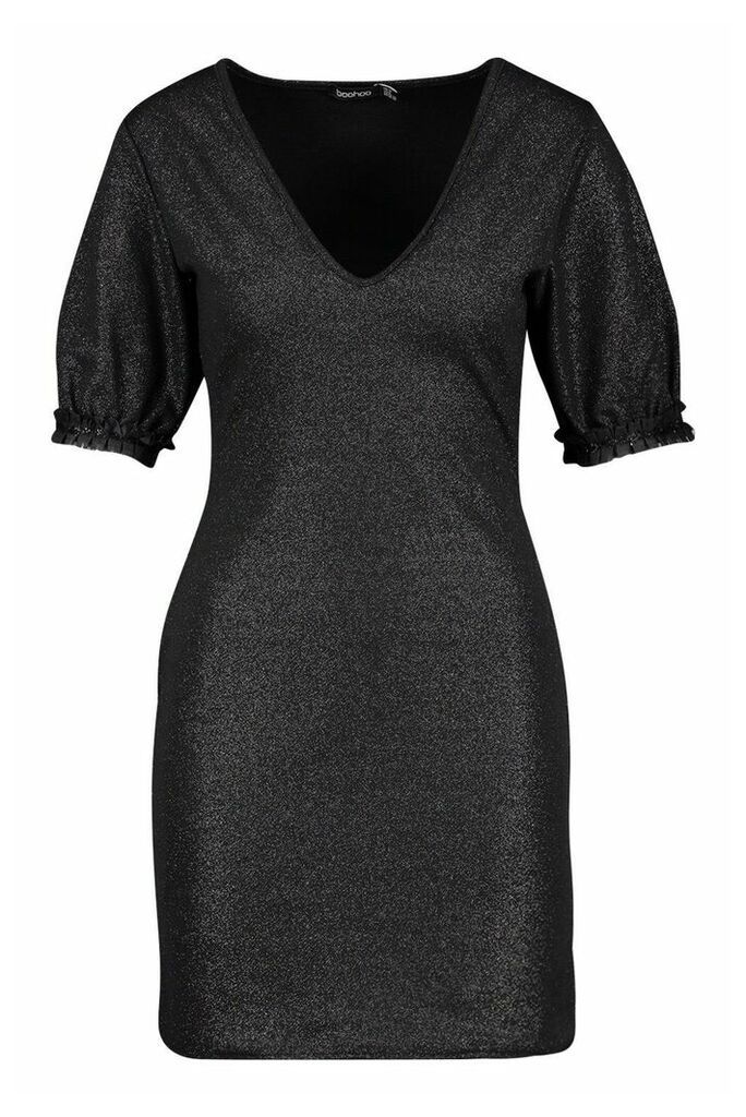 Womens V Neck Shimmer Dress With Glitter Organza Ruffle - Black - 10, Black