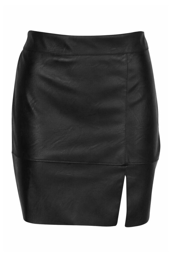 Womens Slit Front Tailored Pu Skirt - Black - 14, Black