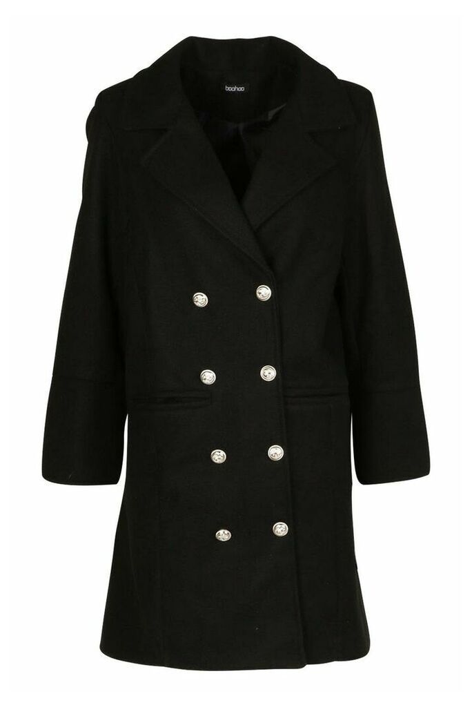Womens Petite Military Wool Look Double Breasted Coat - Black - 10, Black