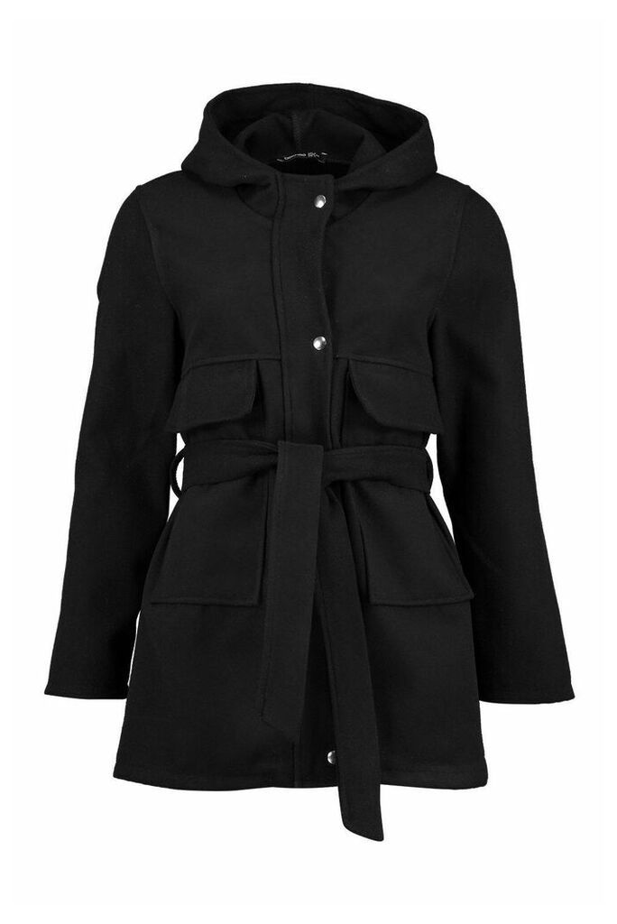 Womens Pocket Belted Wool Look Hooded Coat - Black - 14, Black