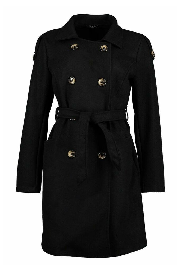 Womens Belted Wool Look Double Breasted Trench Coat - Black - 14, Black